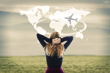 concept of travel, woman with map world and plane