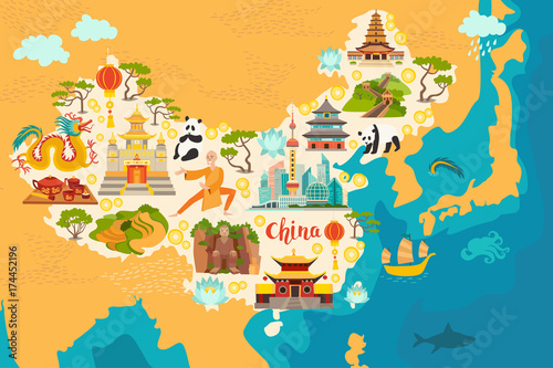 Plakat Chiny abstrakcyjna mapa, ręcznie rysowane ilustracji wektorowych. Podróż ilustracja Chiny z ikony zabytki, świątynia, smok, mnich Shaolin, latarnie, pandy i ryżu pola