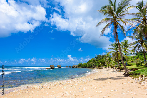 Plakat Formacja skalna na plaży w Bathsheba, wschodnim wybrzeżu wyspy Barbados, Wyspy Karaibskie - cel podróży na wakacje