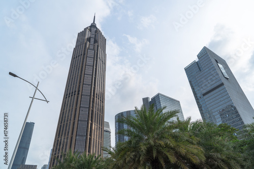 directly below of modern financial skyscrapers in central Hong Kong,blue toned,china.