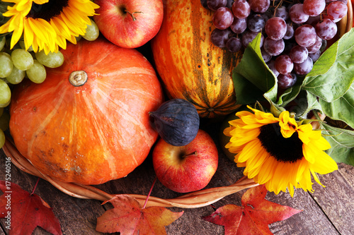 Autumn nature concept. Fall fruit and vegetables on wood. Thanksgiving dinner.