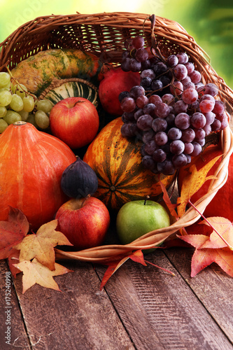Autumn nature concept. Fall fruit and vegetables on wood. Thanksgiving dinner.