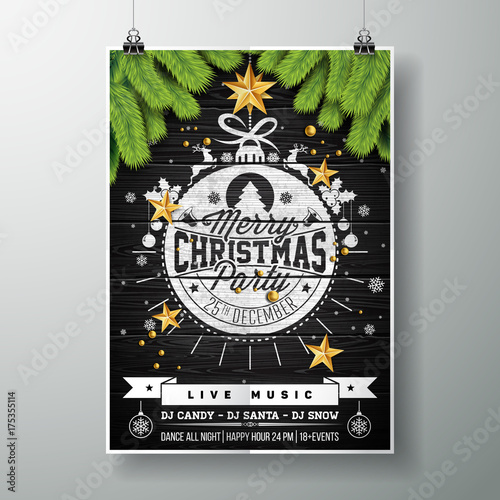 Vector Merry Christmas Party design with holiday typography elements and gold stars on vintage wood background.