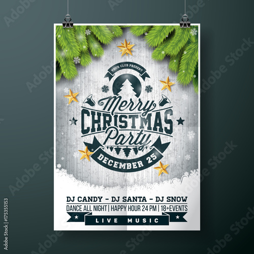 Vector Merry Christmas Party design with holiday typography elements and gold stars on vintage wood background.