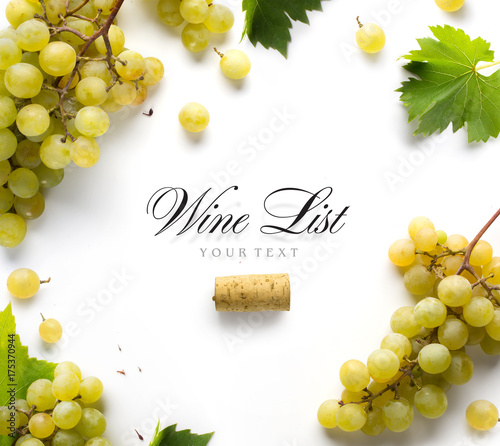 wine list background; sweet white grapes and leaf