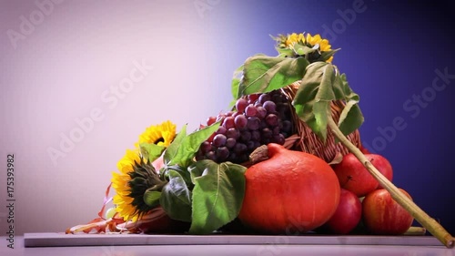 Autumn nature concept. Fall fruit and vegetables on wood. Thanksgiving dinner.