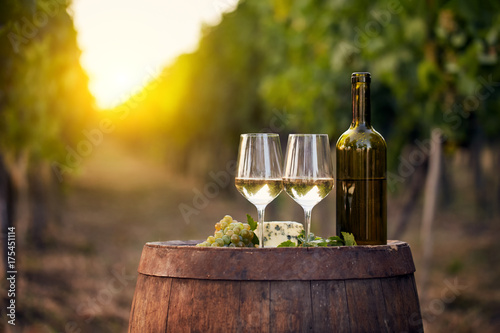 Two glasses of white wine with a bottle on a wooden barrel in a vineyard