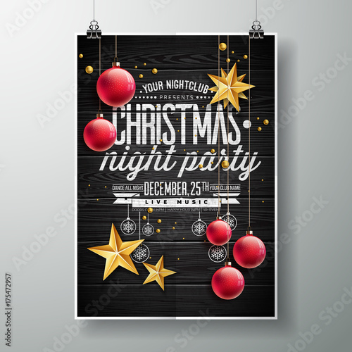 Vector Merry Christmas Party design with holiday typography elements and gold stars on vintage wood background.