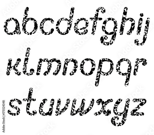 English alphabet, consisting of many black butterflies isolated on white background