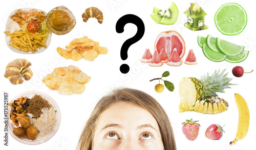 woman choose between fast food or healthy fruits isolated on white