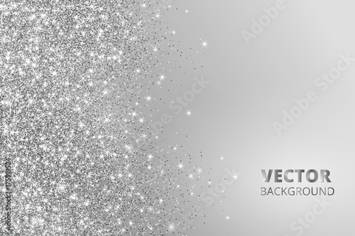 Plakat Brokatowe konfetti, śnieg padający z boku. Wektor srebrny pył, wybuch na szarym tle. Sparkling granicy, ramki