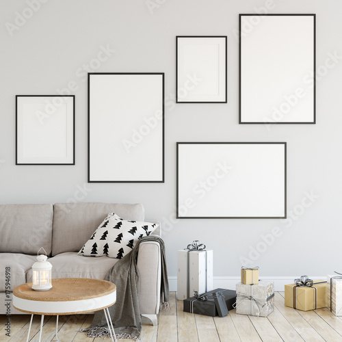 Plakat makiety plakaty w salonie Boże Narodzenie wnętrze. Wnętrze w skandynawskim stylu. 3d rendering, 3d ilustracja