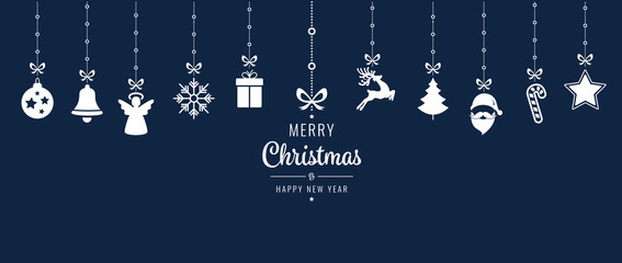 christmas ornament elements hanging blue background