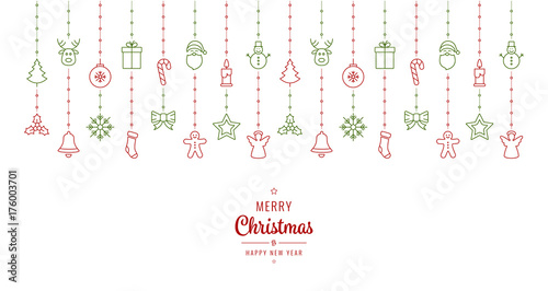 christmas ornament elements hanging red green white background