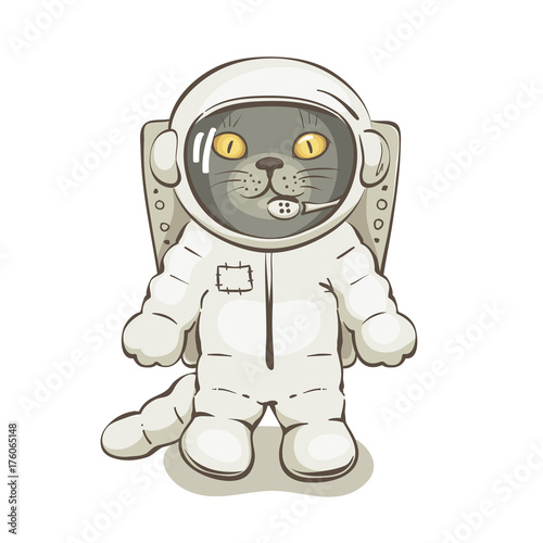Cat astronaut / Funny vector illustrations with grey cat in space suit