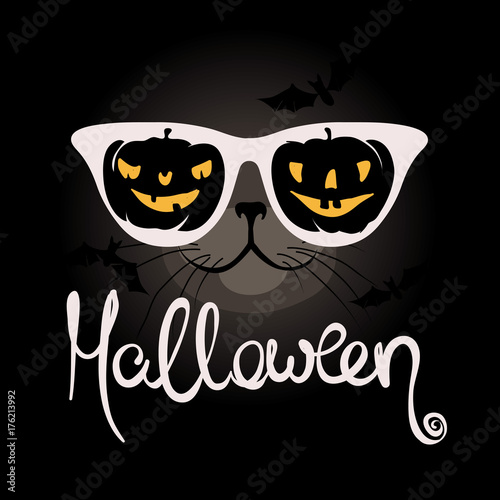 Cat with funny pumpkin glasses / Funny halloween illustration, postcard, invitation