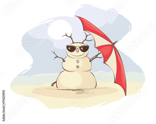 Christmas vacation on the beach / Funny vector illustration with snowman in the beach