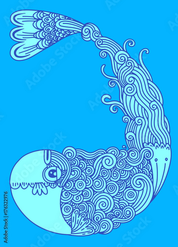 Plakat Dekoracyjny rybi rysunek z abstrakcjonistycznymi ornamentami. Ręka rysująca doodle konturu ryba ilustracja.