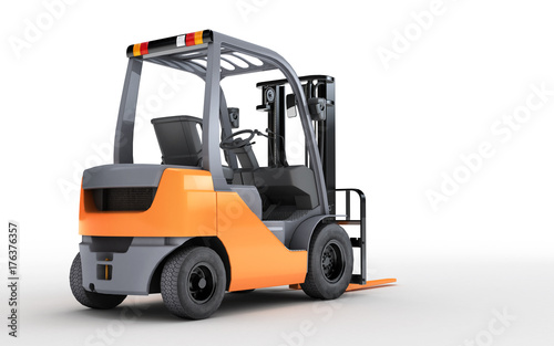 Zdjęcie XXL 3d renderingu forklift ciężarówka odizolowywająca na białym tle. Widok z tyłu. Spójrz w prawo