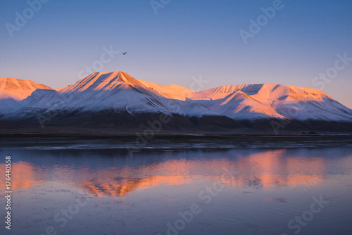 Landscape of a nature of a pink sunset in the reflection ocean mountains of Spitsbergen Svalbard near the Norwegian city Longyearbyen