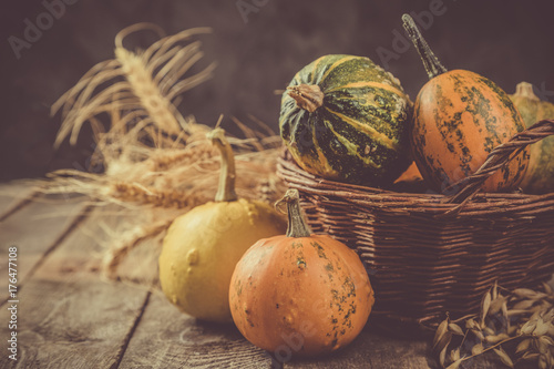 Thanksgiving concept - decorations with pumpkins