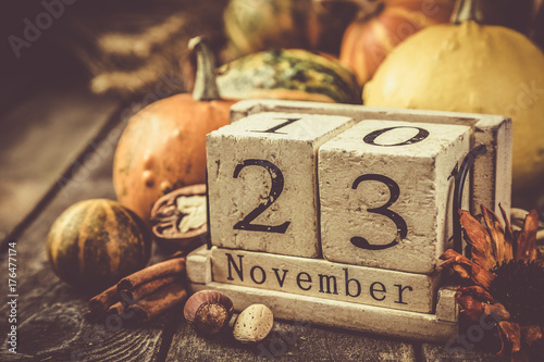 Thanksgiving concept - decorations with pumpkins