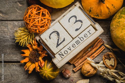 Thanksgiving concept - decorations with pumpkins