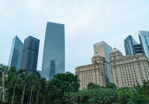 directly below of modern financial skyscrapers in central Hong Kong,blue toned,china.