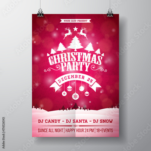 Vector Merry Christmas Party Flyer Illustration with Typography and Holiday Elements on Red background. Winter Landscape Invitation Poster Template.
