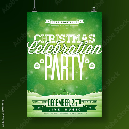 Vector Merry Christmas Party Flyer Illustration with Typography and Holiday Elements on Green background. Winter Landscape Invitation Poster Template.
