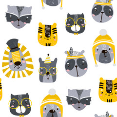 Seamless childish pattern with cute animal faces. Creative nursery background. Perfect for kids design, fabric, wrapping, wallpaper, textile, apparel