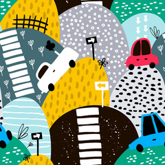 Seamless pattern with hand drawn cute car and hills. Cartoon cars, road sign, zebra crossing vector illustration. Perfect for kids fabric,textile,nursery wallpaper