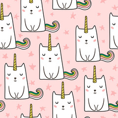 Seamless pattern with hand drawn cute cats unicorn. Cartoon cat vector illustration. Perfect for kids fabric,textile,nursery wallpaper