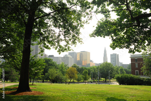 Downtown Hartford CT view from central park with green trees