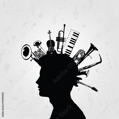Fototapeta na wymiar Black and white man silhouette with music instruments. Music instruments with human head for card, poster, invitation. Music background design vector illustration