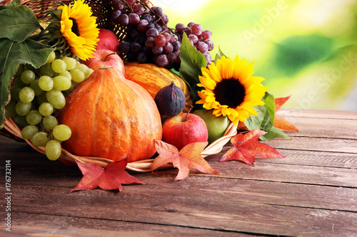 Autumn nature concept. Fall fruit and vegetables on wood. Thanksgiving dinner.