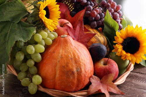 Autumn nature concept. Fall fruit and vegetables on wood. Thanksgiving dinner.