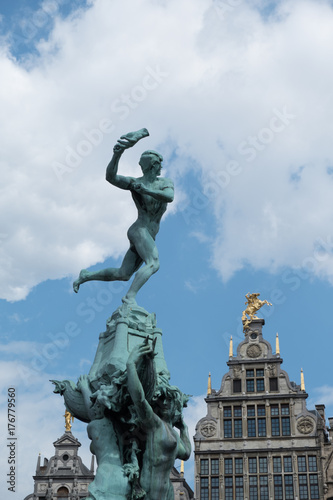 Brabo Fountain in Grote Markt, Antwerp, Belgium. Brabos throws the giant's hand into the river, Brabo, Roman mythology figure.