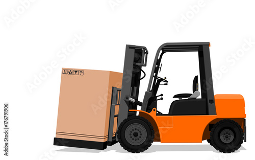 Zdjęcie XXL Odizolowywać forklift ciężarówkę z papierowym pudełkiem na przejrzystym tle
