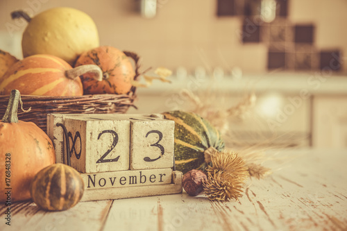 Thanksgiving concept - decorations with pumpkins