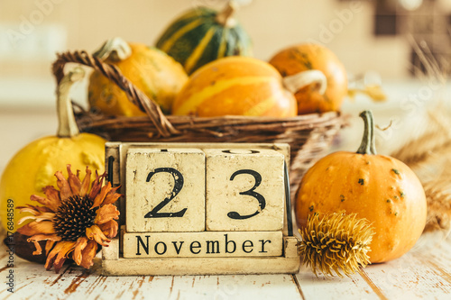 Thanksgiving concept - decorations with pumpkins