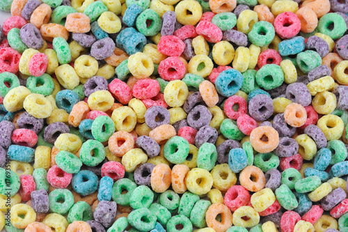 Colorful cereal loop rings, breakfast food background