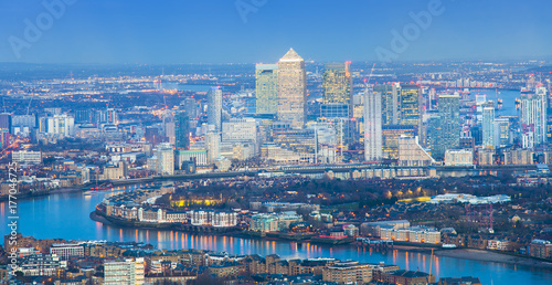London cityscape at night, aerial view