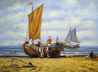 Ships, fisherman, sea  landscape. Oil paintings, canvas, art