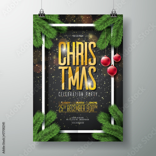 Vector Merry Christmas Party Poster Design Template with Holiday Typography Elements, pine branch and red glass ball on Dark Background.