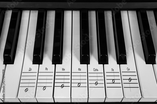 Fotoobraz na płótnie Instrument muzyczny fortepianu i klawiszy z nutami na muzycznej obsadzie, koncepcja edukacji i nauki o muzyce