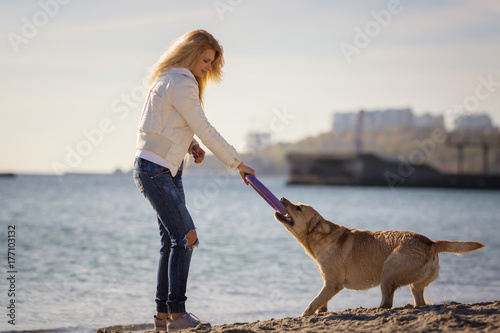 Zdjęcie XXL Szczęśliwa elegancka dziewczyna bawić się z labradora psem na plaży