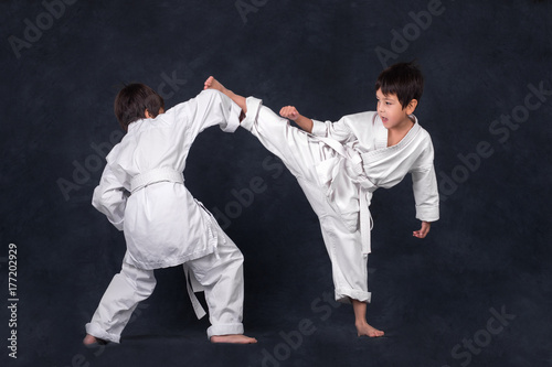 Fotoobraz na płótnie dwóch chłopców z karateka w białej bitwie lub pociągu kimono