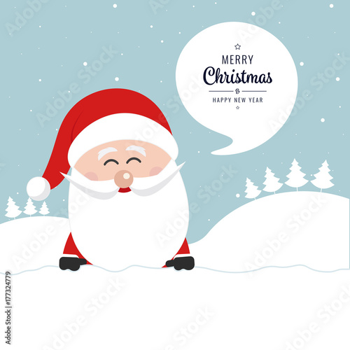 santa claus behind blank banner christmas gretting text winter landscape background