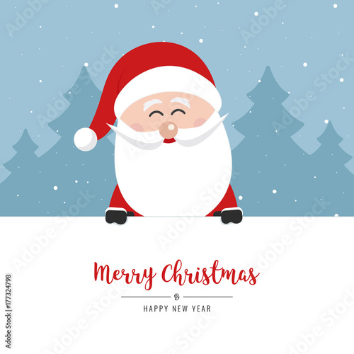 santa claus behind blank banner showing christmas greeting text winter landscape background